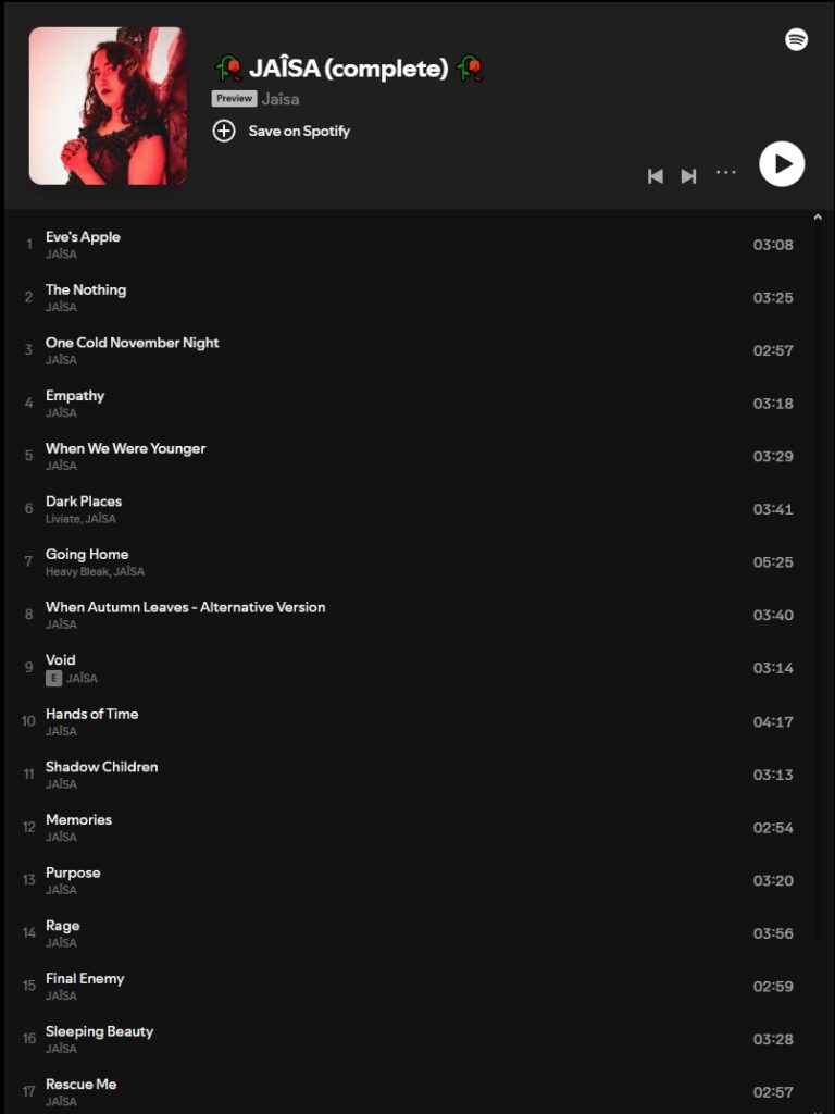 Spotify Playlist with all of JAÎSA's releases in chronological order